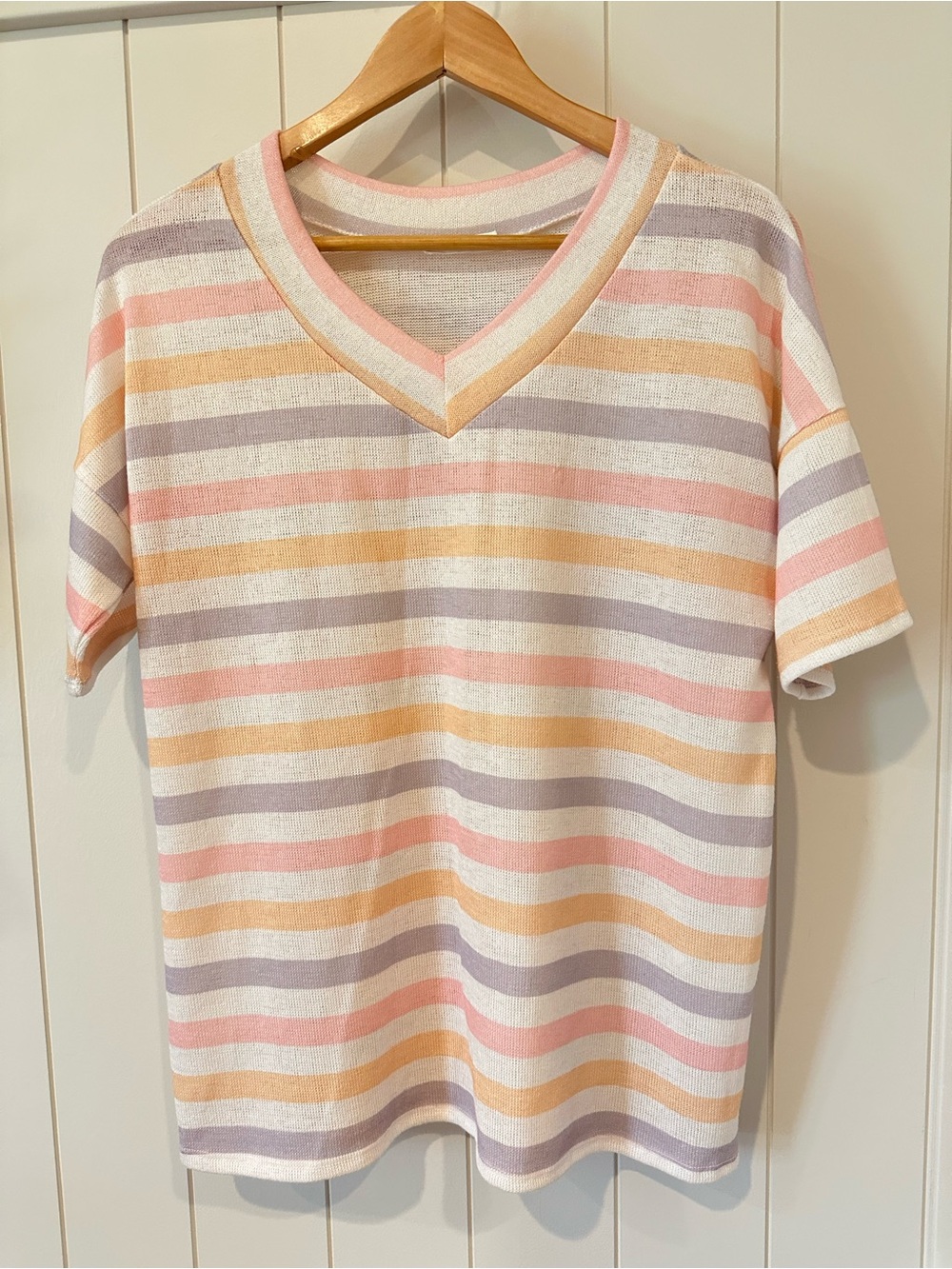 Bombom Women’s Striped V‑Neck Knit Top Size Medium Pink Yellow Purple Cream